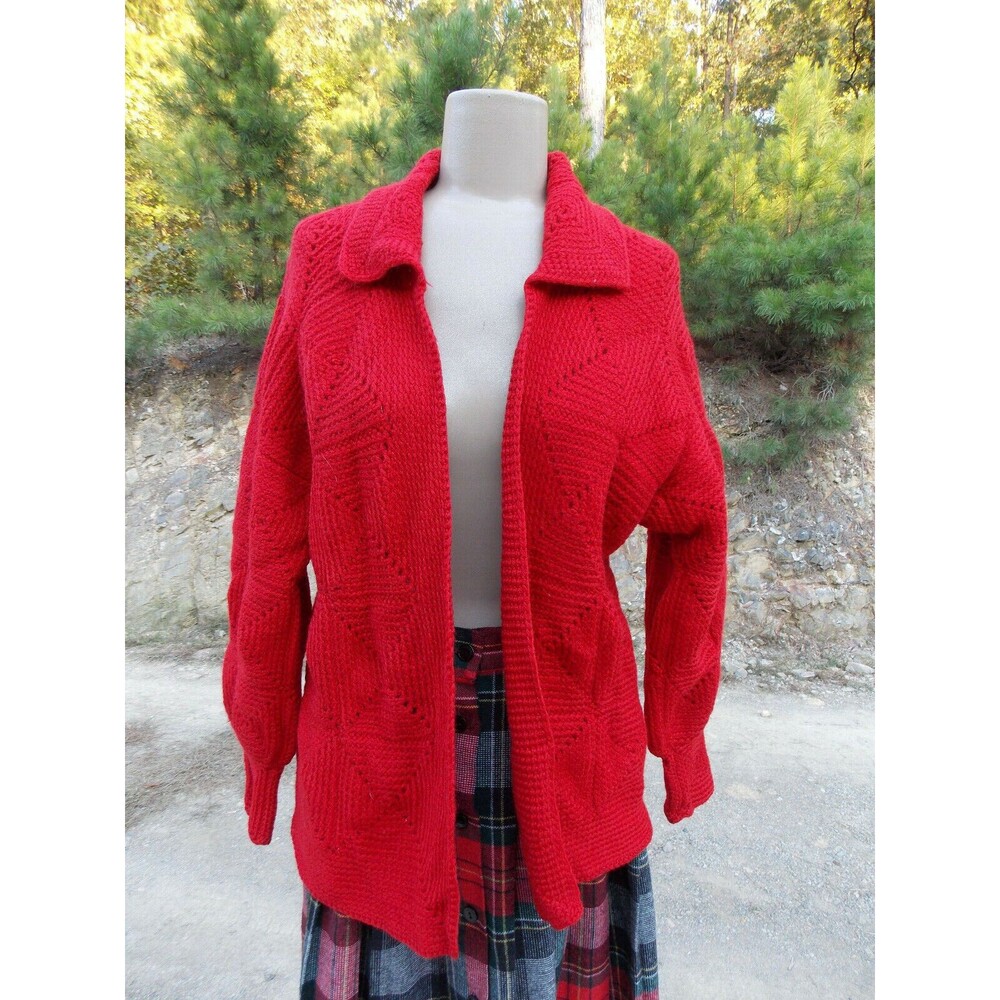 Handmade Red Women’s Sz M Diamond Knit Cardigan Sweater Christmas Ms Claus